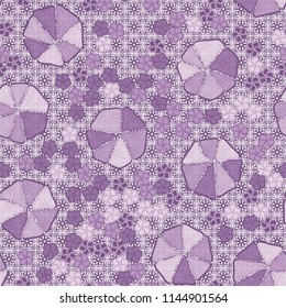Abstract seamless pattern composed of five-petalled and seven-petalled flowers.
The painting is located on the background of monochrome symbolic flowers and crosses.
