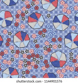 Abstract seamless pattern composed of five-petalled and seven-petalled flowers.
The painting is located on the background of monochrome symbolic flowers and crosses.