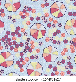 Abstract seamless pattern composed of five-petalled and seven-petalled flowers.
The picture is placed on the background of four-pointed stars and squares.