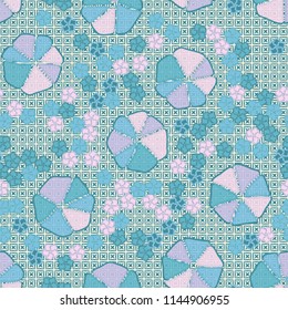Abstract seamless pattern composed of five-petalled and seven-petalled flowers.
The picture is located on the background of monochrome four-pointed stars of prisoners in squares.