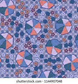 Abstract seamless pattern composed of five-petalled and seven-petalled flowers.
The painting is located on the background of monochrome symbolic flowers and crosses.