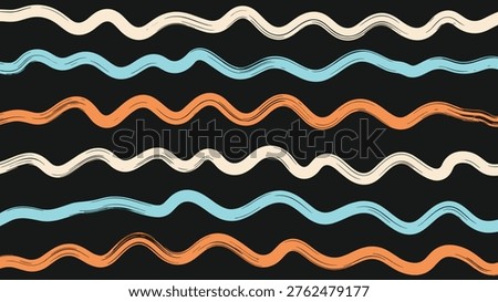 Abstract seamless pattern composed of free-flowing horizontal wavy brush strokes in soft white, refreshing light blue, and warm orange on a dark background.