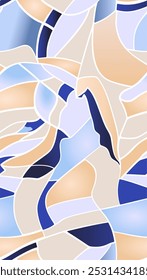 abstract seamless pattern composed of irregular and curved shapes in shades of blue, beige and white