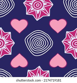 Abstract seamless pattern with concentric circles, stars and hearts on dark blue background. For design, textile, wrapping, card, print.