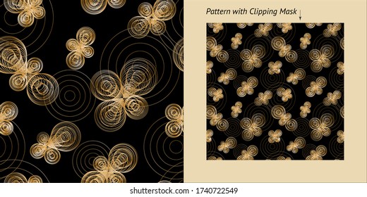 Abstract seamless pattern with concentric abstract shapes made of golden rings like spirals on black background. Vector image with clipping mask.