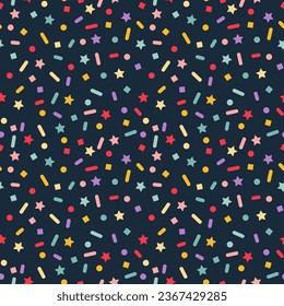 Abstract Seamless Pattern with Confetti and Stars. Fun Carnival Party Texture. Vector Background