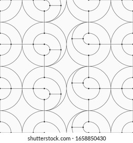 Abstract seamless pattern of connecting circles and lines. Modern stylish texture. Linear style. Spiral elements. Dots in nodes. Vector monochrome background.