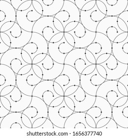 Abstract seamless pattern of connecting rounded smooth lines. Modern stylish texture. Linear style. Spiral elements. Dots in nodes. Vector monochrome background.