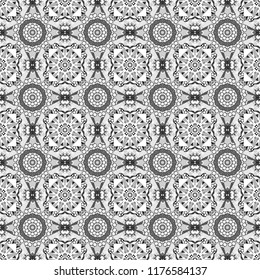 Abstract seamless pattern consisting of black, white and gray tiles.