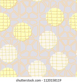 Abstract seamless pattern consisting of circles broken into pieces. Under the picture lies a network consisting of divided rounded squares.