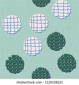 Abstract seamless pattern consisting of circles broken into pieces. Under the picture lies a chess network consisting of striped squares.