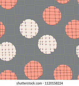 Abstract seamless pattern consisting of circles broken into pieces. Under the picture lies a chess network consisting of striped squares.