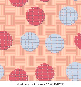 Abstract seamless pattern consisting of circles broken into pieces. Under the picture lies a chess network consisting of striped squares.