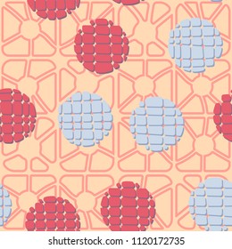 Abstract seamless pattern consisting of circles broken into pieces. Under the picture lies a network consisting of divided rounded squares.