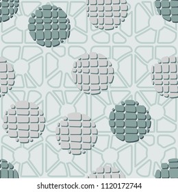Abstract seamless pattern consisting of circles broken into pieces. Under the picture lies a network consisting of divided rounded squares.