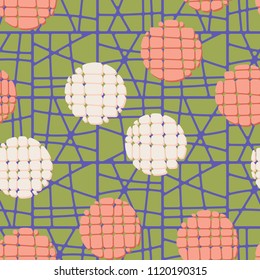 Abstract seamless pattern consisting of circles broken into pieces. The background of the picture is a grid consisting of squares divided into parts.