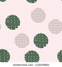 Abstract seamless pattern consisting of circles broken into pieces. Under the picture lies a network consisting of rounded squares that consist of diagonal segments.