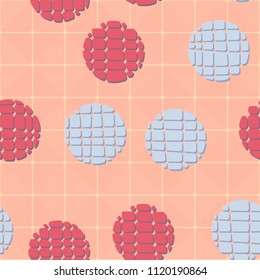 Abstract seamless pattern consisting of circles broken into pieces. Under the picture lies a network consisting of rounded squares that consist of diagonal segments.