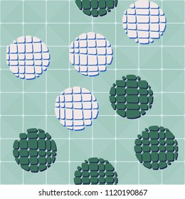 Abstract seamless pattern consisting of circles broken into pieces. Under the picture lies a network consisting of rounded squares that consist of diagonal segments.