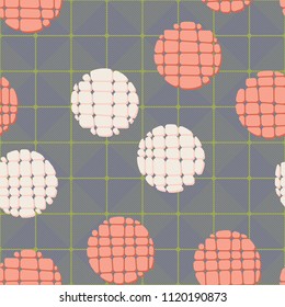 Abstract seamless pattern consisting of circles broken into pieces. Under the picture lies a network consisting of rounded squares that consist of diagonal segments.