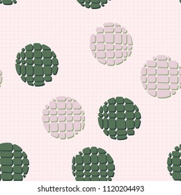 Abstract seamless pattern consisting of circles broken into pieces. Under the picture lies a network consisting of rows of small squares.