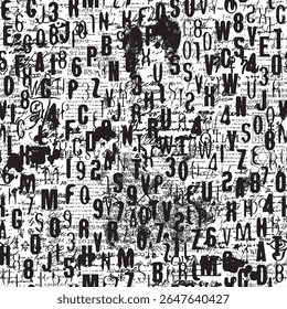 Abstract seamless pattern consisting of font. Vector background with capital English Latin letters and handwritten text. Wallpaper, wrapping paper, ceramic tile, t-shirt design, fabric, textile. No ai