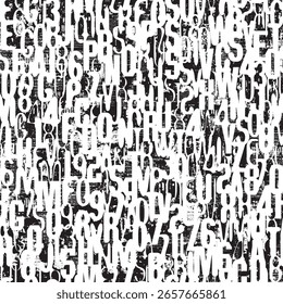 Abstract seamless pattern consisting of font. Vector background with capital English Latin letters and handwritten text. Wallpaper, wrapping paper, ceramic tile, t-shirt design, fabric, textile. No ai