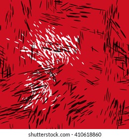 Abstract seamless pattern consisting of randomly distributed distorted ovals. Black and white on red. Easy editable.