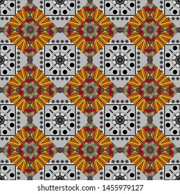 Abstract seamless pattern consisting of red, gray and magenta tiles. Vector illustration.