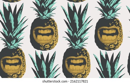 Abstract seamless pattern consisting of smiling pineapples. Decorative vector background with ripe grimasing pineapples. Suitable for wallpaper, wrapping paper, textile, fabric, party fruit design
