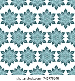 Abstract seamless pattern. It consists of snowflakes in blue, evenly located on white background. For your winter design.