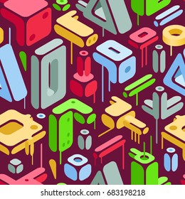 Abstract Seamless Pattern in Constructivism Style. Modern Art Background with 3D   Objects