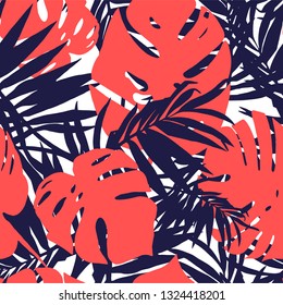 Abstract seamless pattern of coral leaves of Monstera and dark-blue palm leaves on a white background