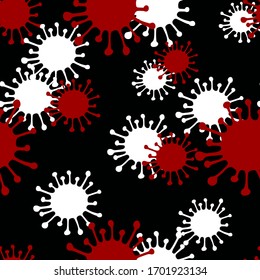 Patrón abstracto sin fisuras con los iconos de las bacterias del Coronavirus. Protección contra el coronavirus. Estilo de esbozo dibujado a mano. Ilustración vectorial roja y blanca en fondo negro