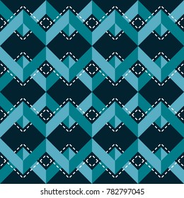 Abstract seamless pattern of corrugated horizontal zigzag and stitching lines. Geometric print in blue and white colors