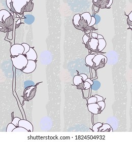 Abstract seamless pattern with cotton. Drawn by hand. Made in pastel colors. Tender background. Handmade pattern. Fluffy flowers.
