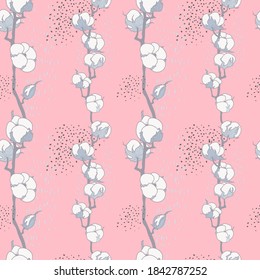 Abstract seamless pattern with cotton. Drawn by hand. Made in pastel colors. Tender background. Handmade pattern. Fluffy flowers.
