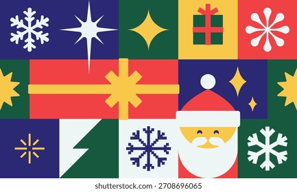 Abstractas patrón sin fisuras con acogedor ambiente de Navidades. Cuadrícula minimalista con símbolos decorativos de vacaciones de invierno. Gráficos planos simples y limpios en Formas cuadradas. Diseño de estilo escandinavo. Vector EPS10.