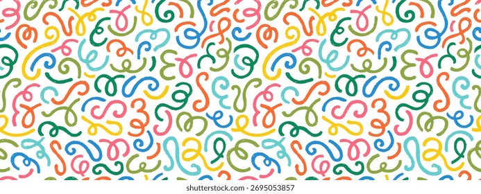 Abstract seamless pattern with crayon squiggle lines. Modern pattern with color doodle shapes, cute wavy, curvy and swirl lines with chalk texture. Abstract squiggle background, vector illustration
