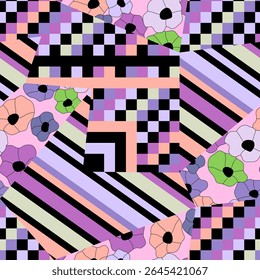 Abstract seamless pattern created in form of patchwork with floral, checkered and striped pieces. Bright background with geometric elements. Collection of creative prints for fabric, packing. Vector.