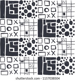 Abstract seamless pattern of cross, circles, zero, square and other geometric shapes. Image for a poster or cover. Repeating texture. Figure for textiles.