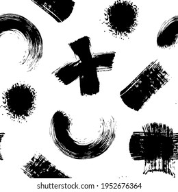 Abstract seamless pattern with cross, half-circle, circle and other brush strokes stains splashes isolated on white background. Ink grunge texture. Vector wallpaper.	