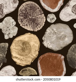 Abstract seamless pattern with cross-sections of old trees. Vector background with realistic saw cut tree trunks on a black backdrop. Wooden texture with annual rings on stumps of various shapes