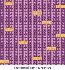 Abstract seamless pattern. Cross-stitch. Crafts and Hobbies. Purple and yellow color. A geometric design. Vector illustration.