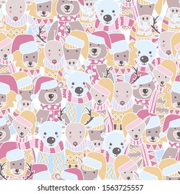 Abstract seamless pattern with a crowd of animals: bears, foxes, lions, deer, horses in Scandinavian style. For cover design, textile print, etc