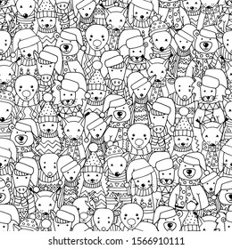 Abstract seamless pattern with a crowd of animals: bear, fox, rabbit, hedgehog, squirrel, lion, deer, horse in Scandinavian style. Coloring page for kids and adults
