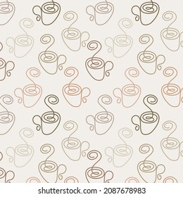 Abstract Seamless pattern of cups in a minimalistic line art style in coffee colors. Repeating texture for design of wrapping paper, napkins, menus, fabrics. Vector graphics. Vector illustration.
