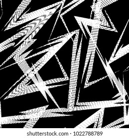 Abstract seamless pattern with curved lines, geometric shape triangles, squares. textured background. black and white repeated backdrop for boy,girl, textile, clothes, wrapping paper.