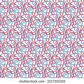 Abstract seamless pattern of curved lines, blue and red