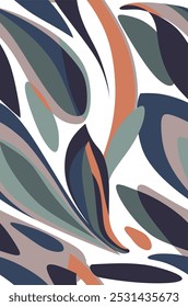 abstract seamless pattern with curved and organic shapes in shades of blue, green, gray and orange on a white background